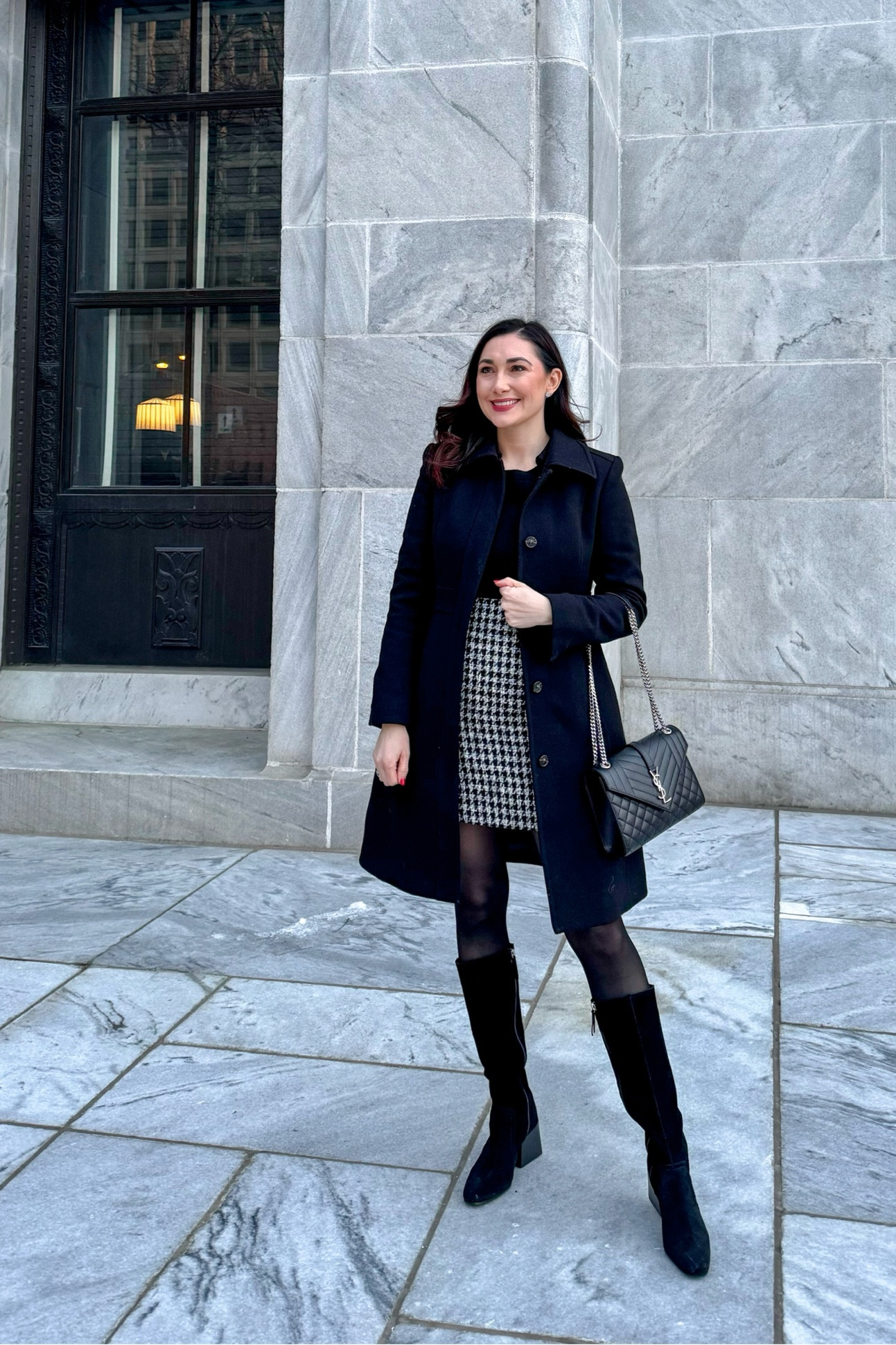 Classy winter outfit 🖤

Black wool coat size 6, fits small (should have got a size 8 or 10 for my bust)
Black sweater size xs, sized down for fitted look
Black collar v-neck long sleeve top size small, TTS
Houndstooth mini skirt (linked similar)
Black tights size medium 
Black knee high boots waterproof, size 7.5 (sized up half size for thicker socks)

Winter style 
Date night outfit 
Winter coat 

#LTKShoeCrush #LTKStyleTip #LTKSeasonal