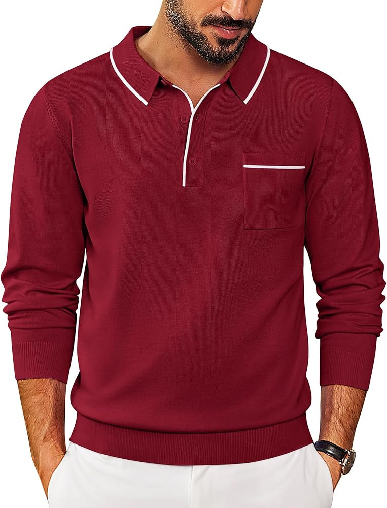 COOFANDY Mens Knit Polo Long Sleeve Collared Sweater Polo Business Casual Polos with Pocket | Amazon (US)