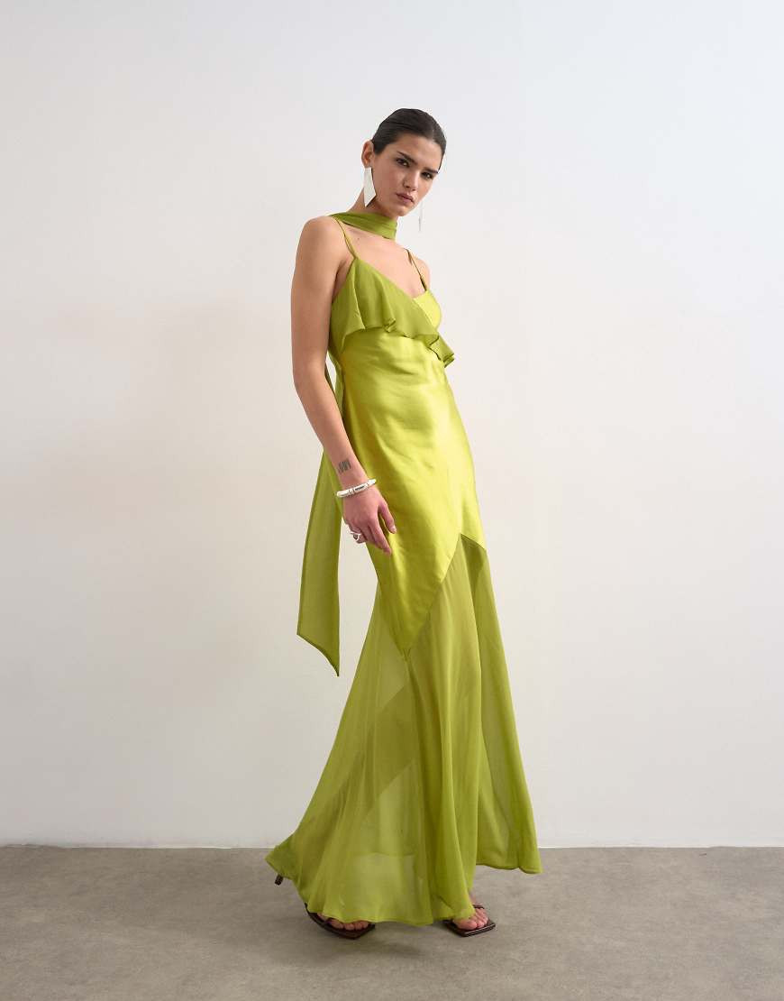 Topshop mixed fabric ruffle detail maxi slip dress in green | ASOS (Global)