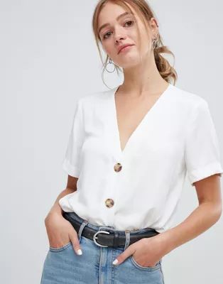 ASOS DESIGN boxy top with contrast buttons | ASOS (Global)
