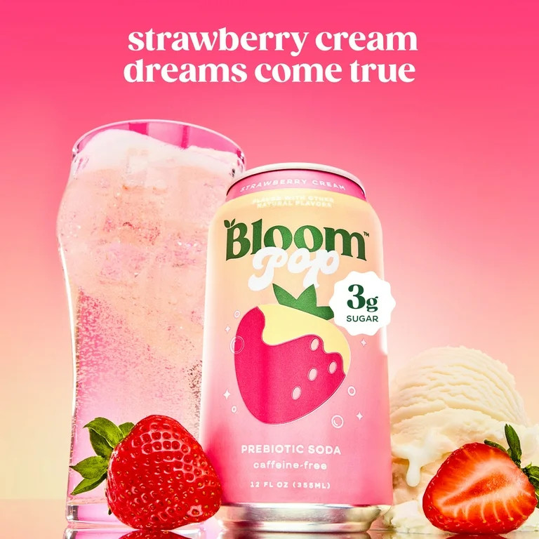 Bloom Pop Strawberry Cream Prebiotic Soda Pop, 12 fl oz, 4 Pack Cans | Walmart (US)