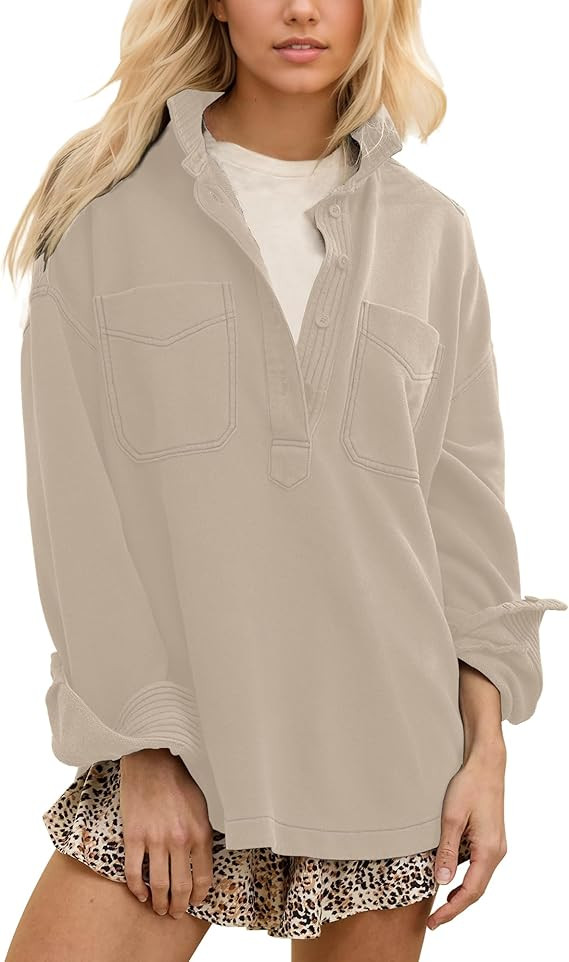 Locachy Women's Casual Oversized Polo Neck Sweatshirt Lapel Long Sleeve Button Pullover Tops Fash... | Amazon (US)