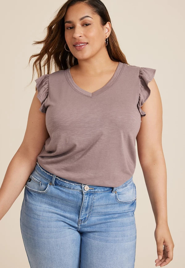 Plus Size Brookside V Neck Ruffle Sleeve Tee | Maurices