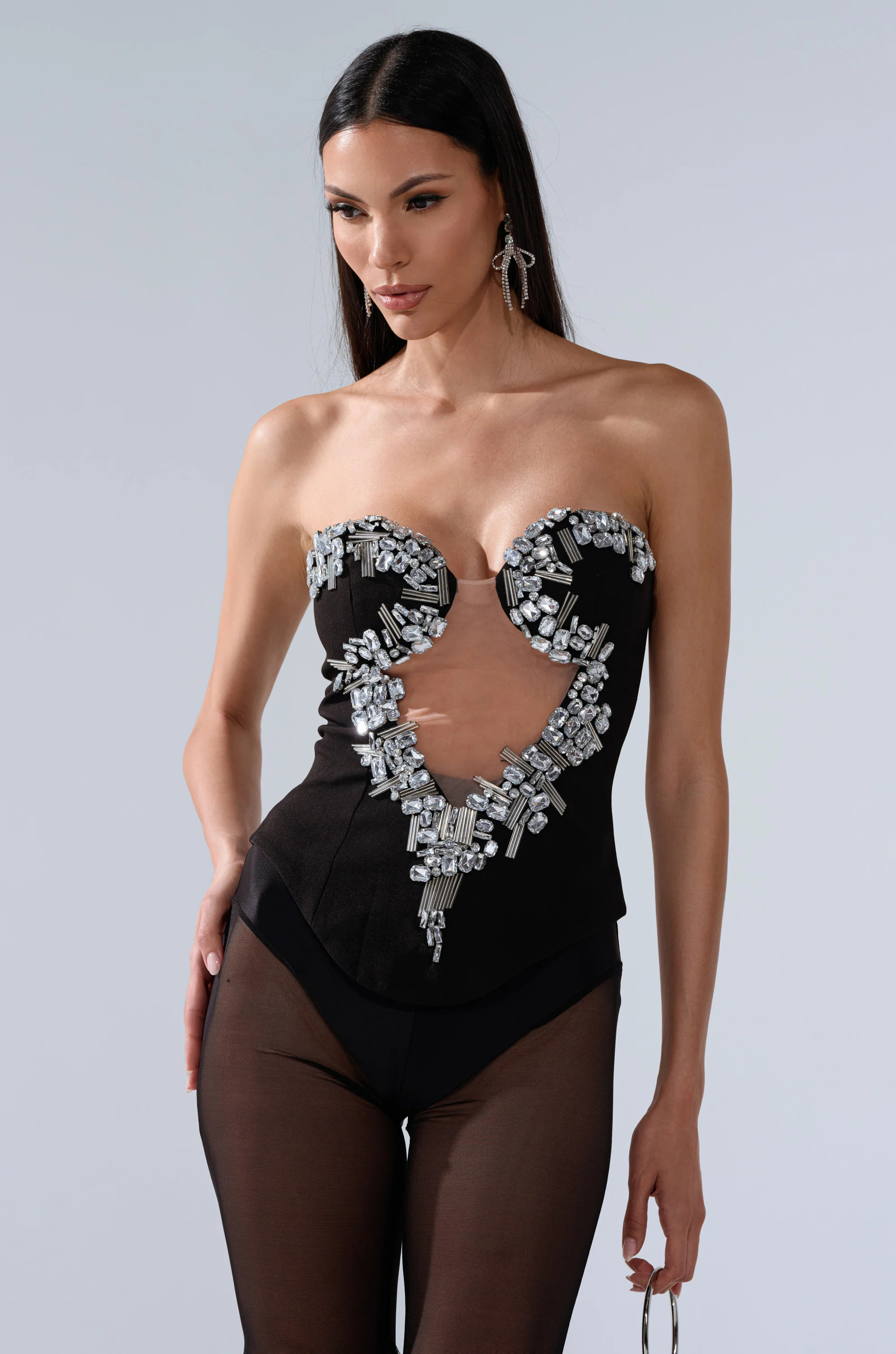 AKIRA Shine On Me Rhinestone Corset Top | Black | Size Large | AKIRA