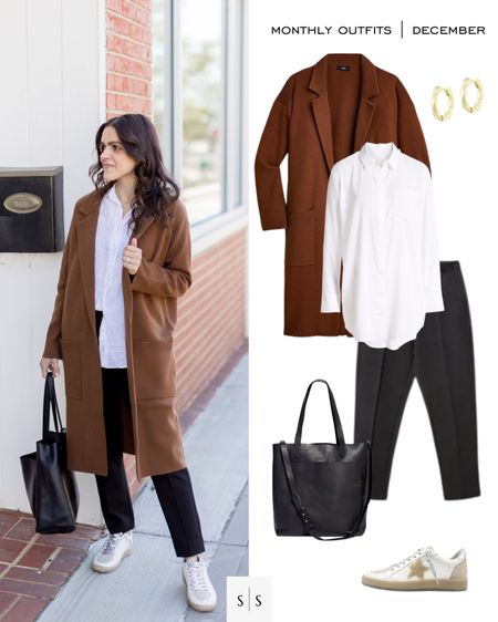 Monthly outfit planner : DECEMBER looks IRL vs. graphic | #coatigan #dreampant #starsneaker #casualstyle #classicstyle #whitebuttonup #winteroutfit | See entire calendar on thesarahstories.com  ✨

#LTKstyletip