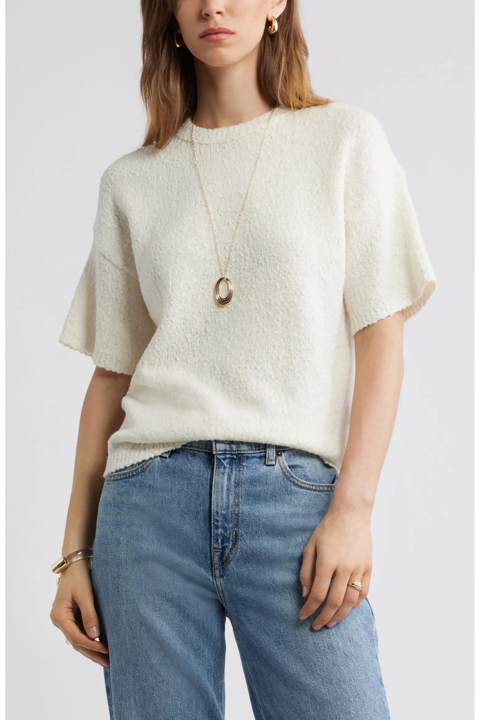 Short Sleeve Stretch Wool Blend Bouclé Sweater (Women) | Nordstrom | Nordstrom