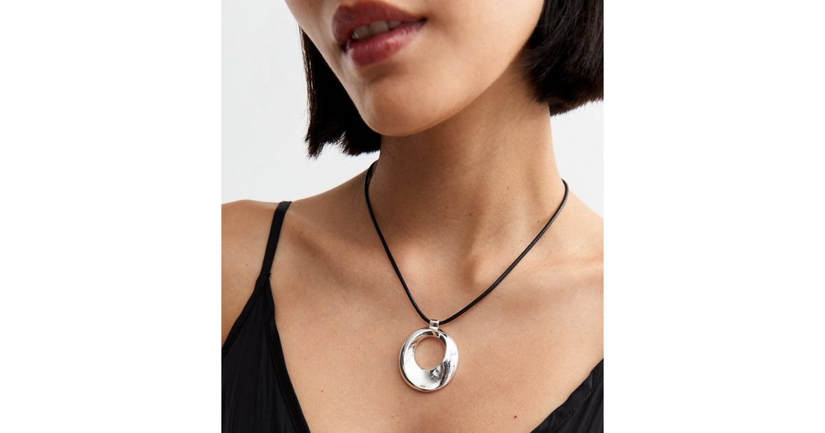 Silver Tone Oval Pendant Cord Necklace | New Look | New Look (UK)