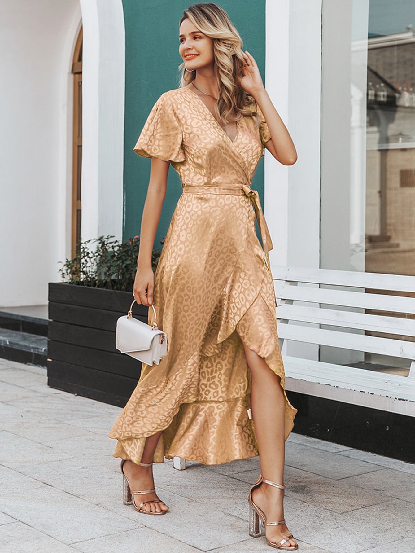 Simplee Asymmetrical Ruffle Hem Wrap Belted Leopard Satin Dress | SHEIN