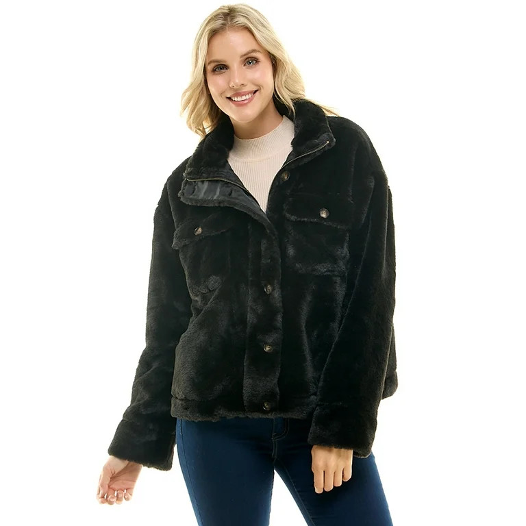 Time and Tru Women's Faux Fur Bungee Shacket | Walmart (US)
