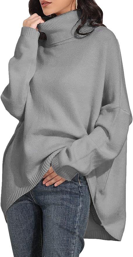Fall Winter Turtleneck Sweater Oversized Tops for Women Long Batwing Sleeve 2021 Trending HI-LO K... | Amazon (US)