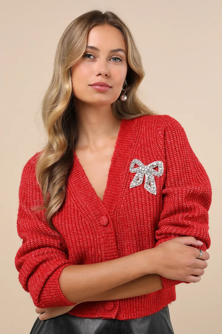 Wintery Sparkle Heather Red Rhinestone Bow Cardigan | Lulus