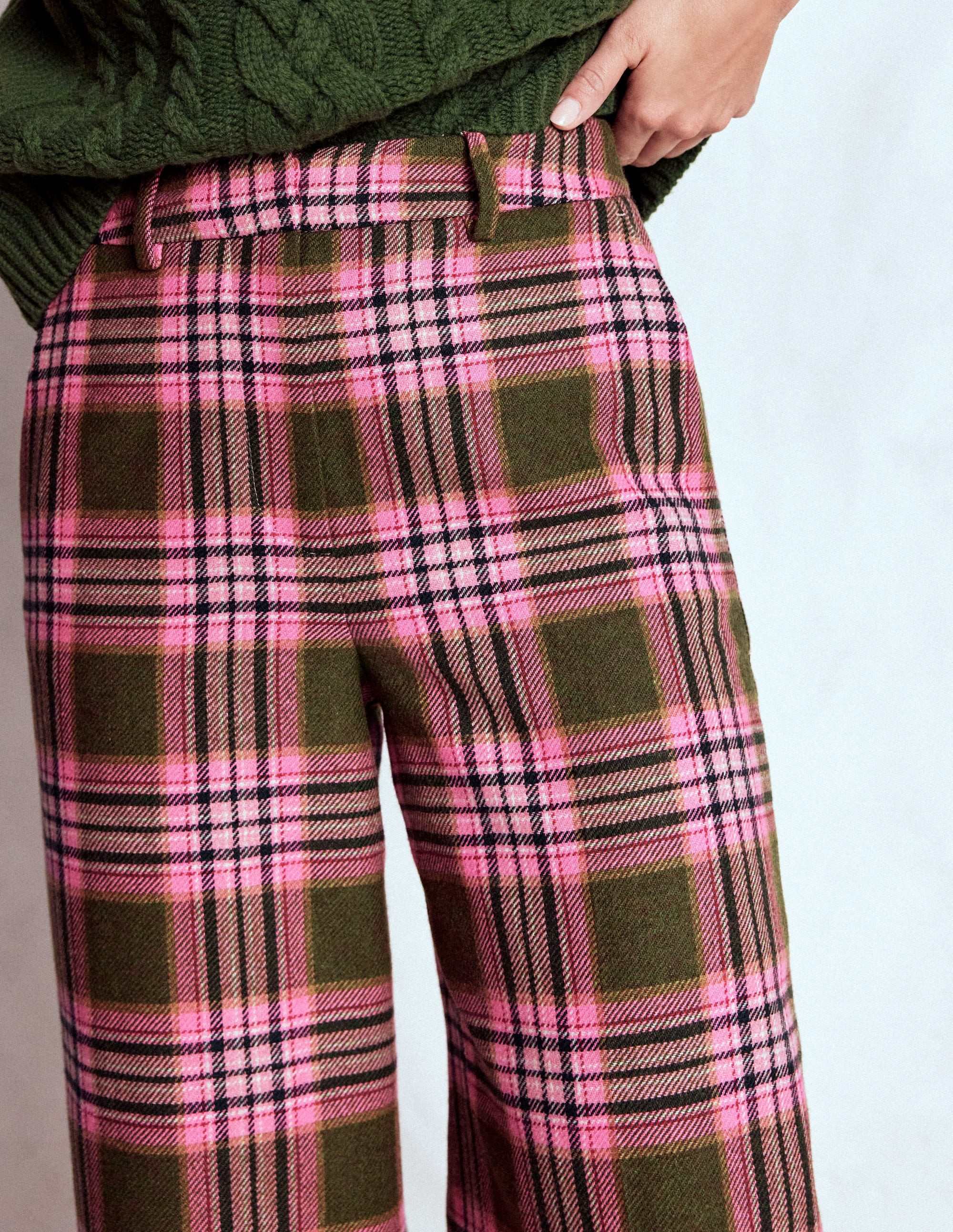 Belgravia Wool Trousers-Olive, Green and Pink Check | Boden UK
