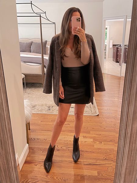 LTK Sale! 20% off site wide with the code AFLTK! Fall outfit: leather skirt with blazer coat. All items run true to size (wearing S in all) gave some bodysuit options that will work since the one I’m wearing is sold out! 

#LTKSale #LTKSeasonal #LTKstyletip