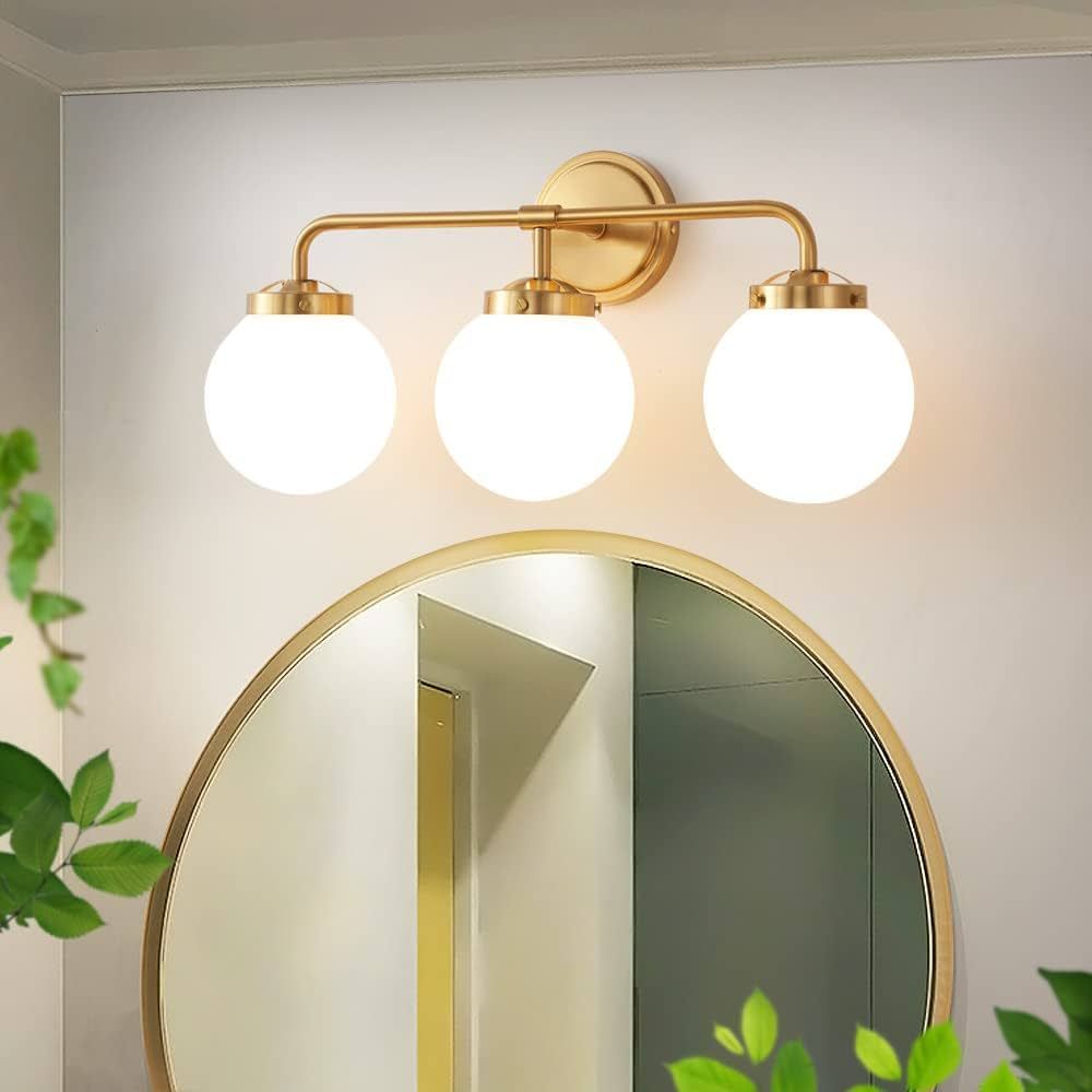 Gold Bathroom Vanity Light Fixtures over Mirror, Modern Brass 3 Lights Wall Sconce with Milky Gla... | Amazon (US)