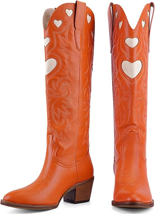Knee High Boots for Women Heart Embroidered Western Boots Round Toe | Cowboy Tall Boots,Wide Calf... | Amazon (US)