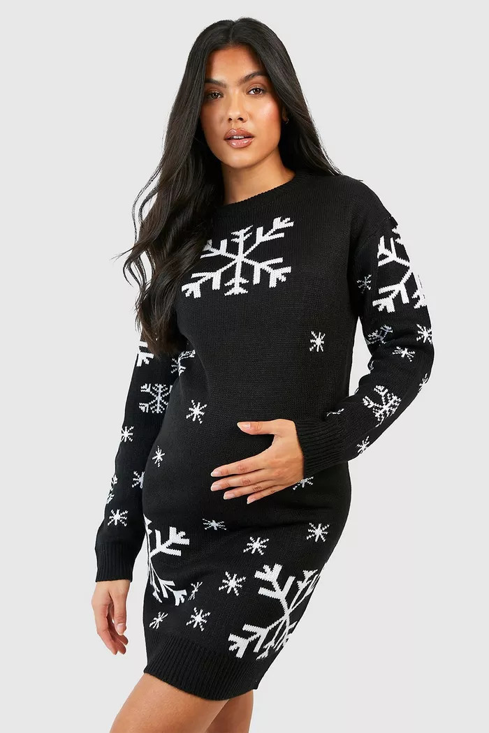 Maternity Snowflake Christmas Jumper Dress | boohoo (US & Canada)