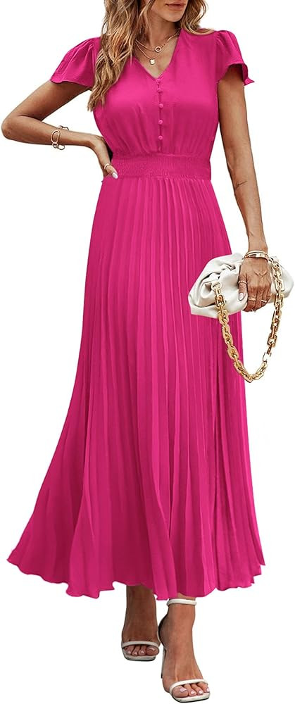 PRETTYGARDEN Women's Maxi Dresses 2025 Summer Trendy Cap Short Sleeve Button V Neck Casual Flowy ... | Amazon (US)