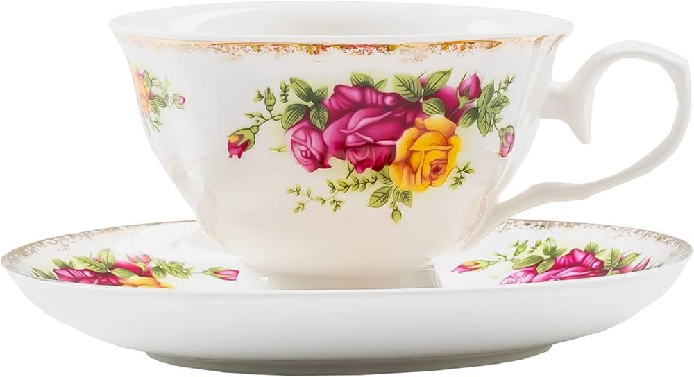 Daveinmic Porcelain Tea Cup and Saucer Set of One,Vintage Floral Tea Coffee Set,Include One Golde... | Amazon (US)