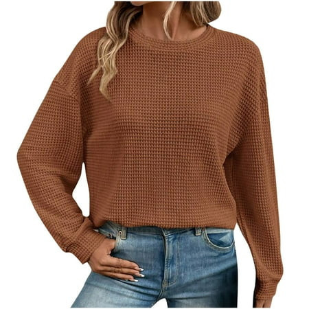 TOPUUTP Women s 2025 Long Sleeve Waffles Knit Sweater Crew Neck Solid Color Pullover Jumper Tops | Walmart (US)