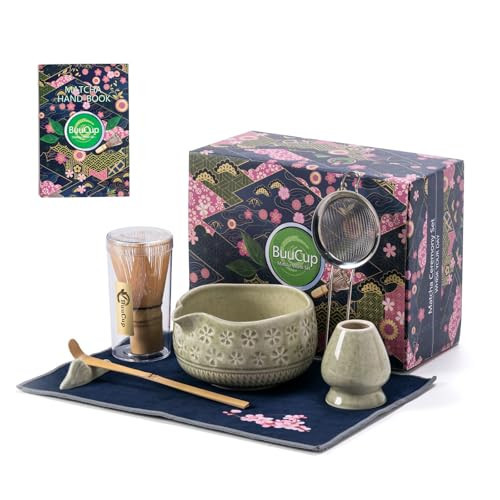 Buucup Matcha Whisk Set, Ceramic Matcha Kit Set Includes Matcha Bowl, Matcha Whisk and Holder, Bamboo Scoop, Scoop Rest, Sifter and Tea Towel - 7 Pcs Matcha Kit for Matcha Lovers (Mottled Green) | Amazon (US)