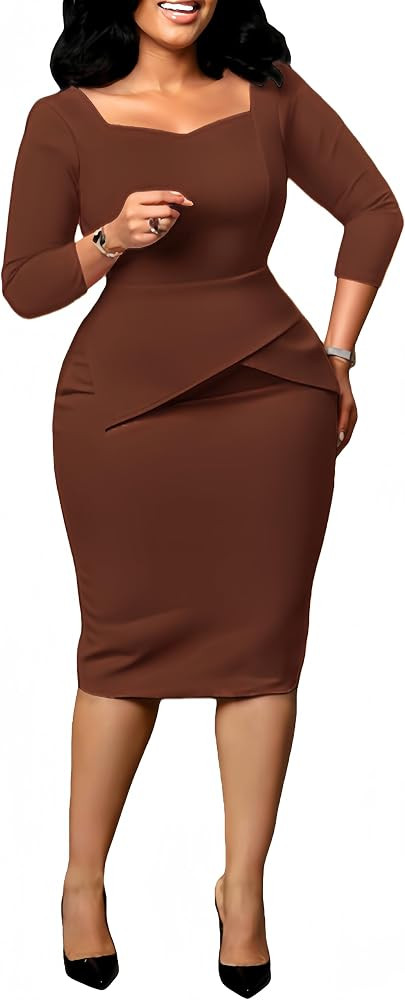 Bodycon Pencil Dress for Women Elegance Church Dresses Midi Teacher Office Modest Business Wear t... | Amazon (US)