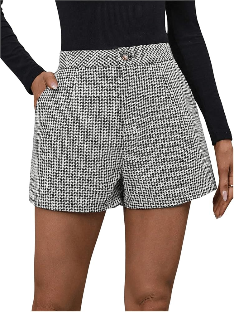 MakeMeChic Women's Elegant Plaid Shorts Dressy High Waisted Shorts Houndstooth Zipper Wide Leg Mi... | Amazon (US)