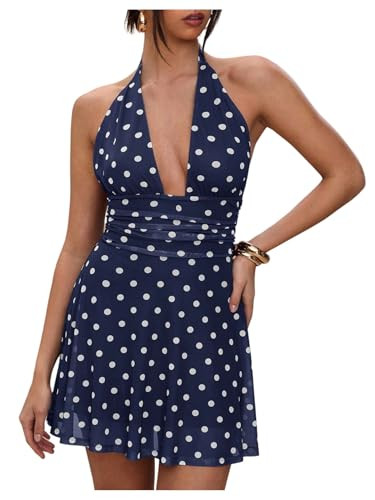 Milumia Women's Polka Dots Halter Mini Dress Sexy Deep V Neck Short Dresses | Amazon (US)