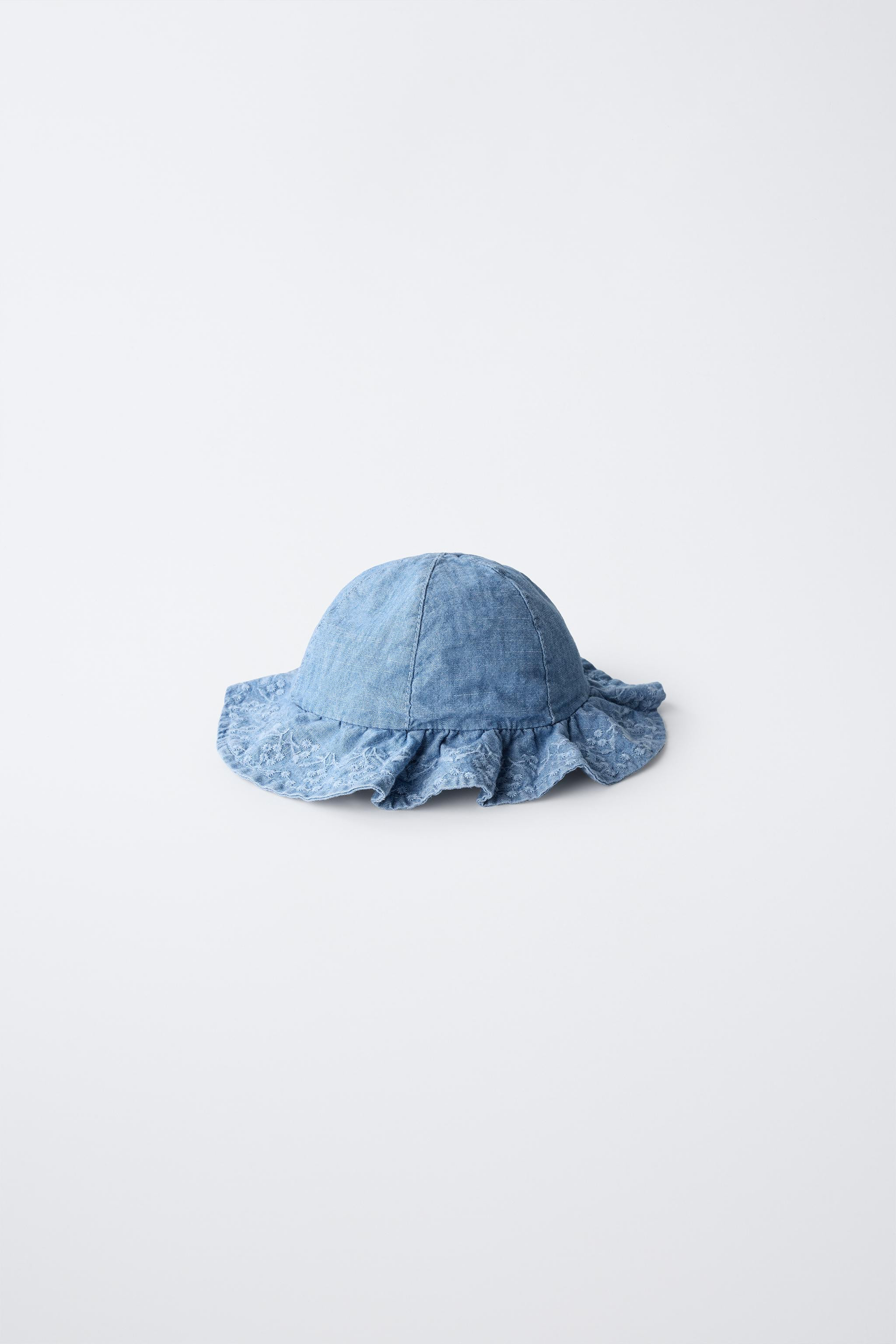 Denim hat with ruffled edge and embroidery detail. Adjustable front ties. | Zara US
