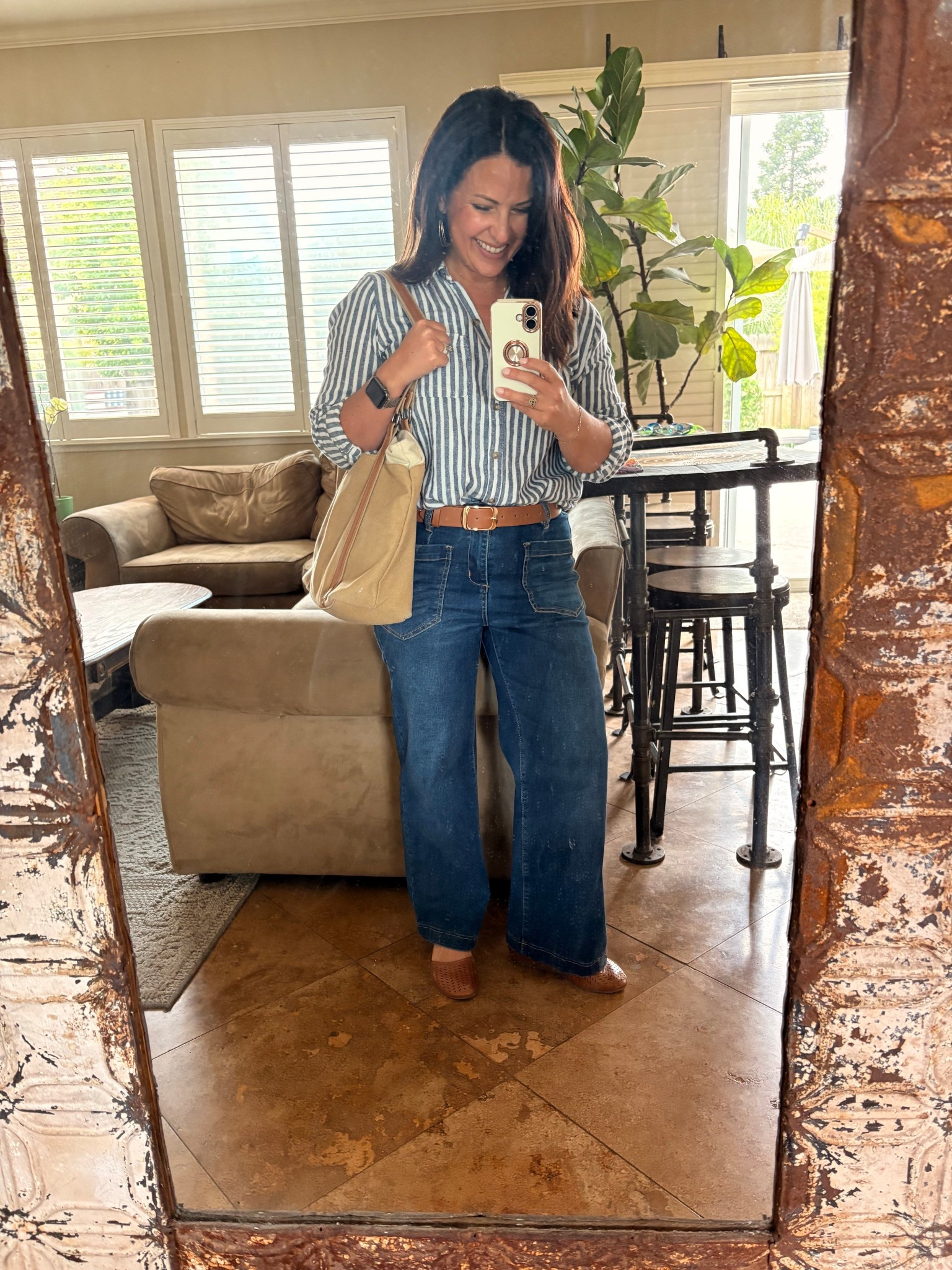 Easy, classic, and teacher-day ready 🤍
This striped button-down + wide leg denim combo is one of those effortless outfits that always works—polished but still comfortable (aka perfect for busy days).

Even better… my jeans, shoes, belt and bag are all under $40 🙌🏼 Affordable and put-together is the goal every time.

✔️ petite-friendly wide leg jeans
✔️ lightweight striped button-down (great for layering)
✔️ neutral flats + everyday tote

Sharing all the details + sizing on LTK!

#LTKstyle #LTKunder50 #LTKunder100 #affordablefashion #classicstyle #over40style #petitefashion #widelegjeans #teacheroutfit #everydayoutfit #casualstyle #minimalstyle #momstyle #capsulewardrobe #neutraloutfit

#LTKOver40 #LTKmomlife #LTKPetite