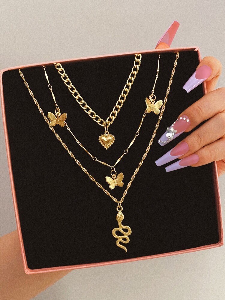 Heart & Butterfly Decor Layered Necklace | SHEIN
