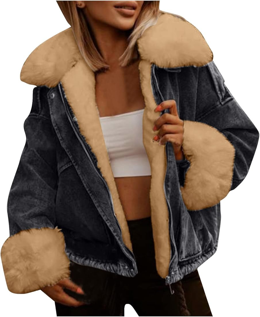 TPCHOICE Women Warm Denim Coat Faux Fur Collar Zipper Jacket Fleece Lined Thick Outwear Winter La... | Amazon (US)