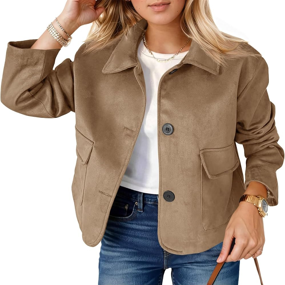 Tankaneo Womens Faux Suede Leather Jackets Casual Cropped Coats Vintage Button Down Shackets | Amazon (US)