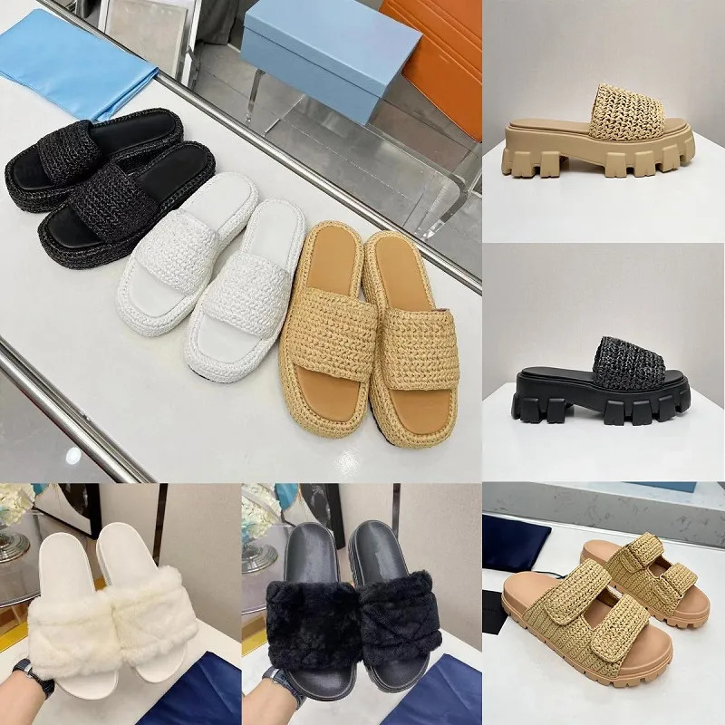 Designer Slipper Sandals Women Slides Black Platform Wedges Flatform winter wool fur Slippers Sum... | DHGate