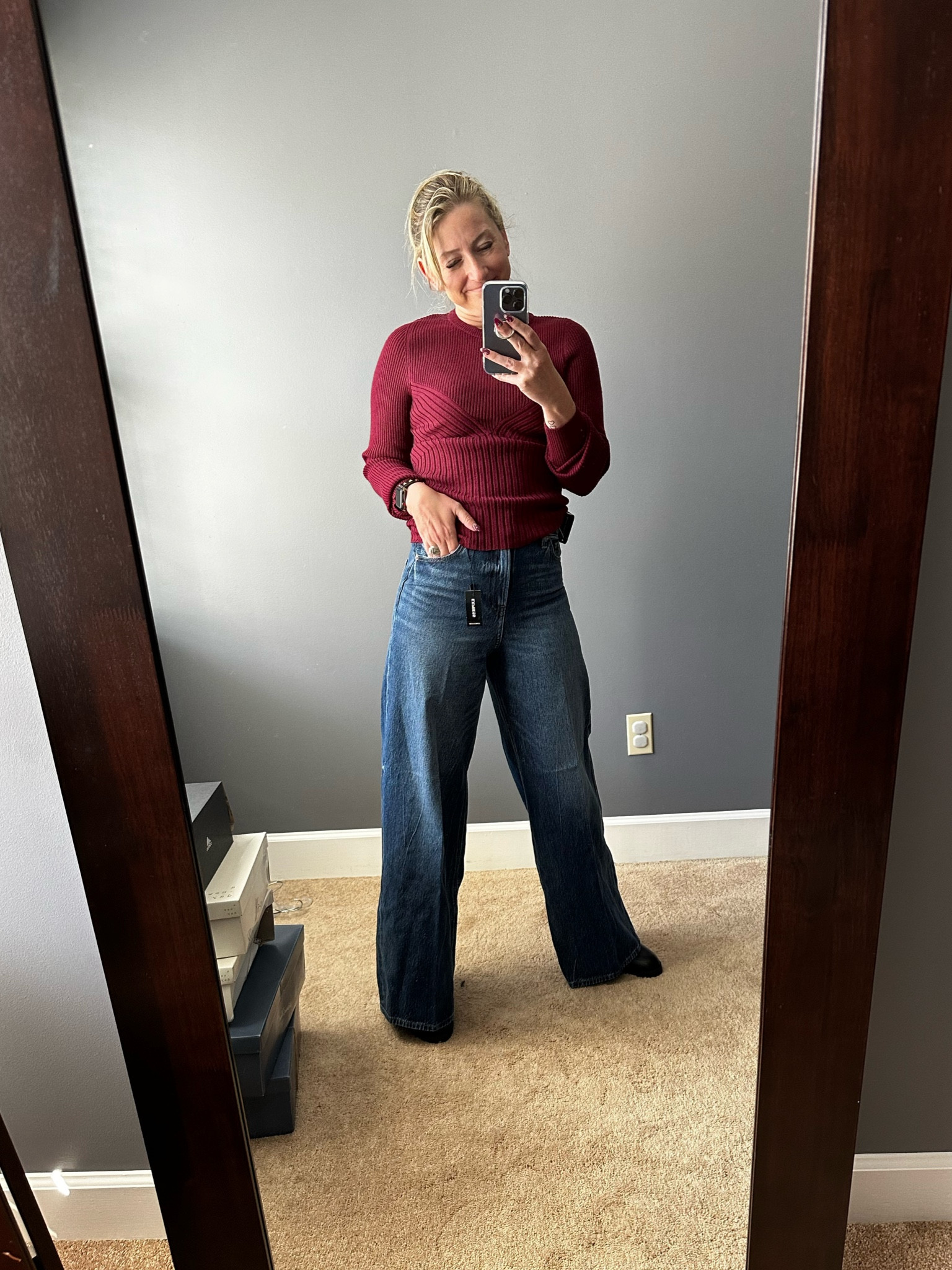 Short length wide jeans 
Chunky heel boot
Corset like sweater
Press on nails

#LTKunder100 #LTKU #LTKshoecrush