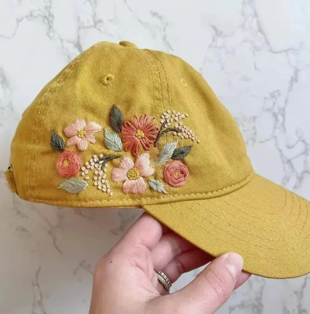 Wash Cotton Baseball Cap, Hand Embroidered Flower Hat, Embroider Woman Cap, Curve Brim Summer Cap... | Etsy (US)