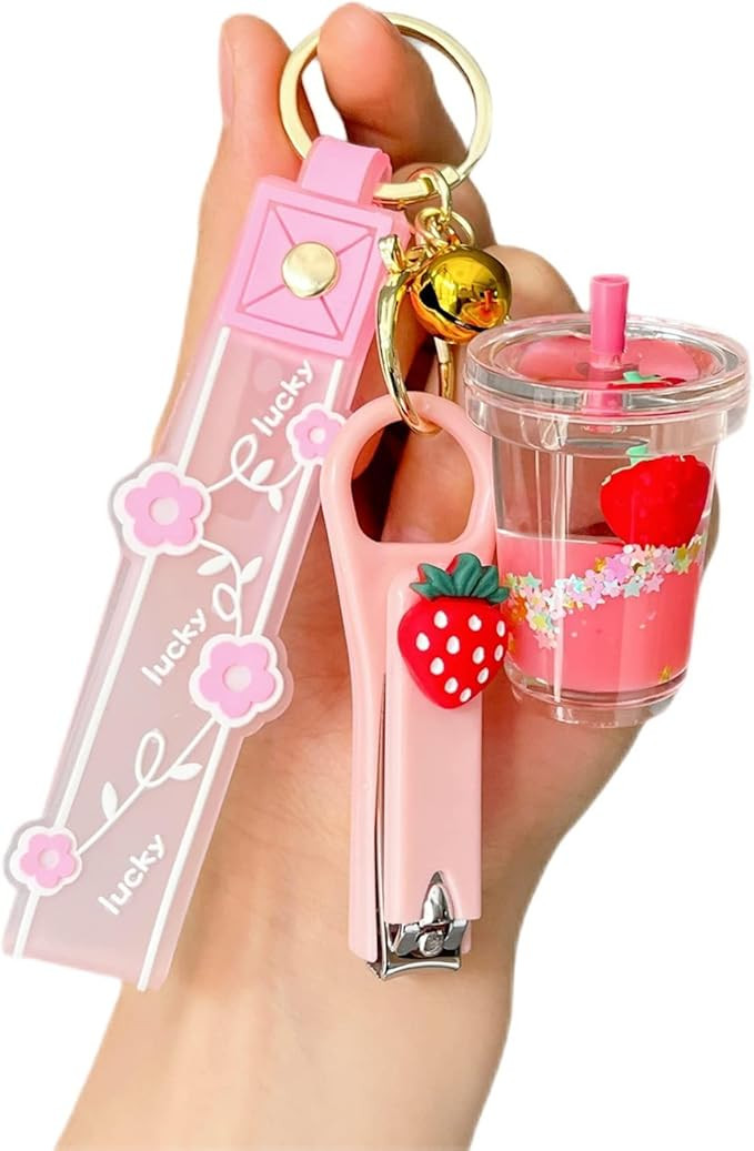 Cute Keychain Pink Strawberry Liquid Floating Keychains Kawaii Keychain Accessories Backpack Bag ... | Amazon (US)