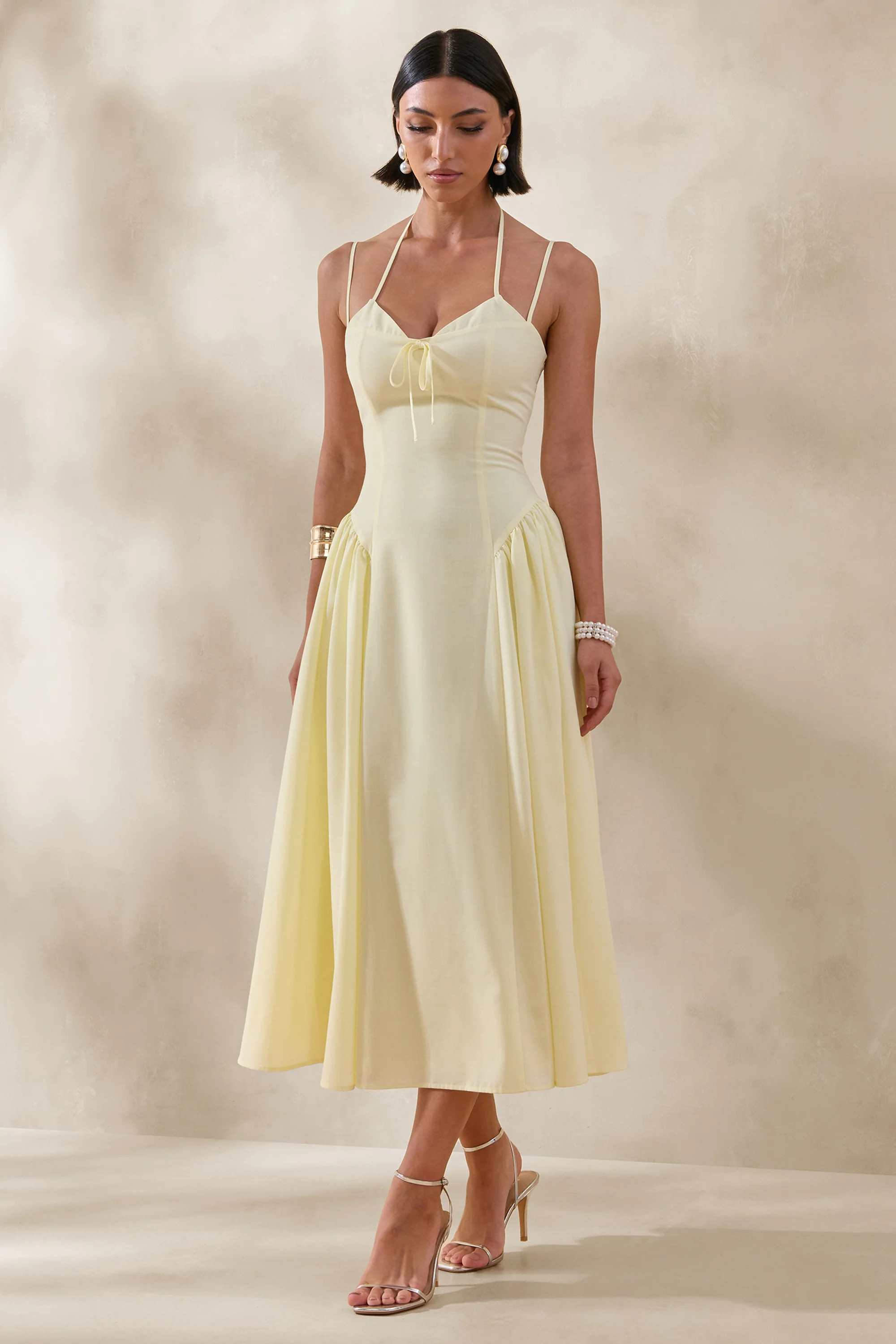 Audrey | Lemon Sweetheart-Neck Midi Dress With Ruching Detail | Club L London