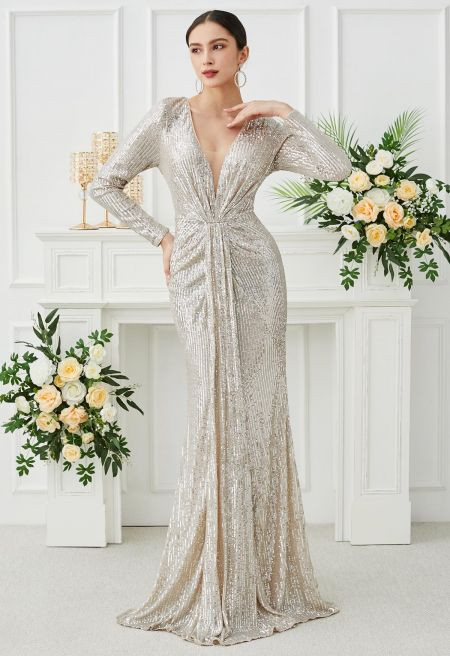 Silver Sequin Deep V-Neck Cutout Mermaid Gown | Chicwish