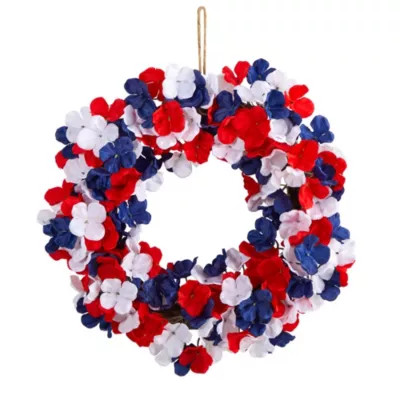 Nearly Natural 18-Inch Americana Patriotic Hydrangea Artificial Wreath Red White and Blue | Belk