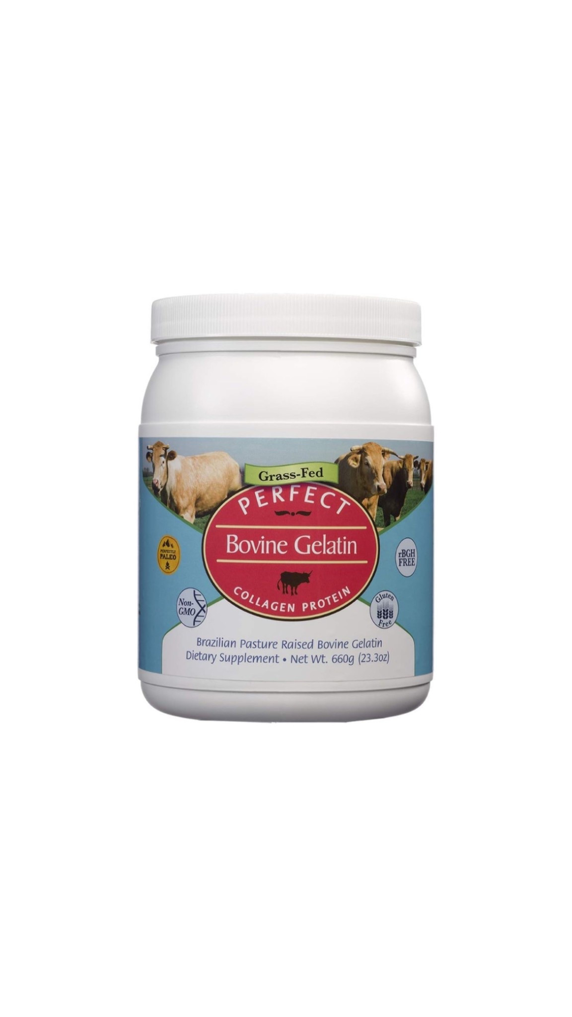 Gelatin we use! 100% grass fed cows. Contains 10g of protein per serving (one scoop) 