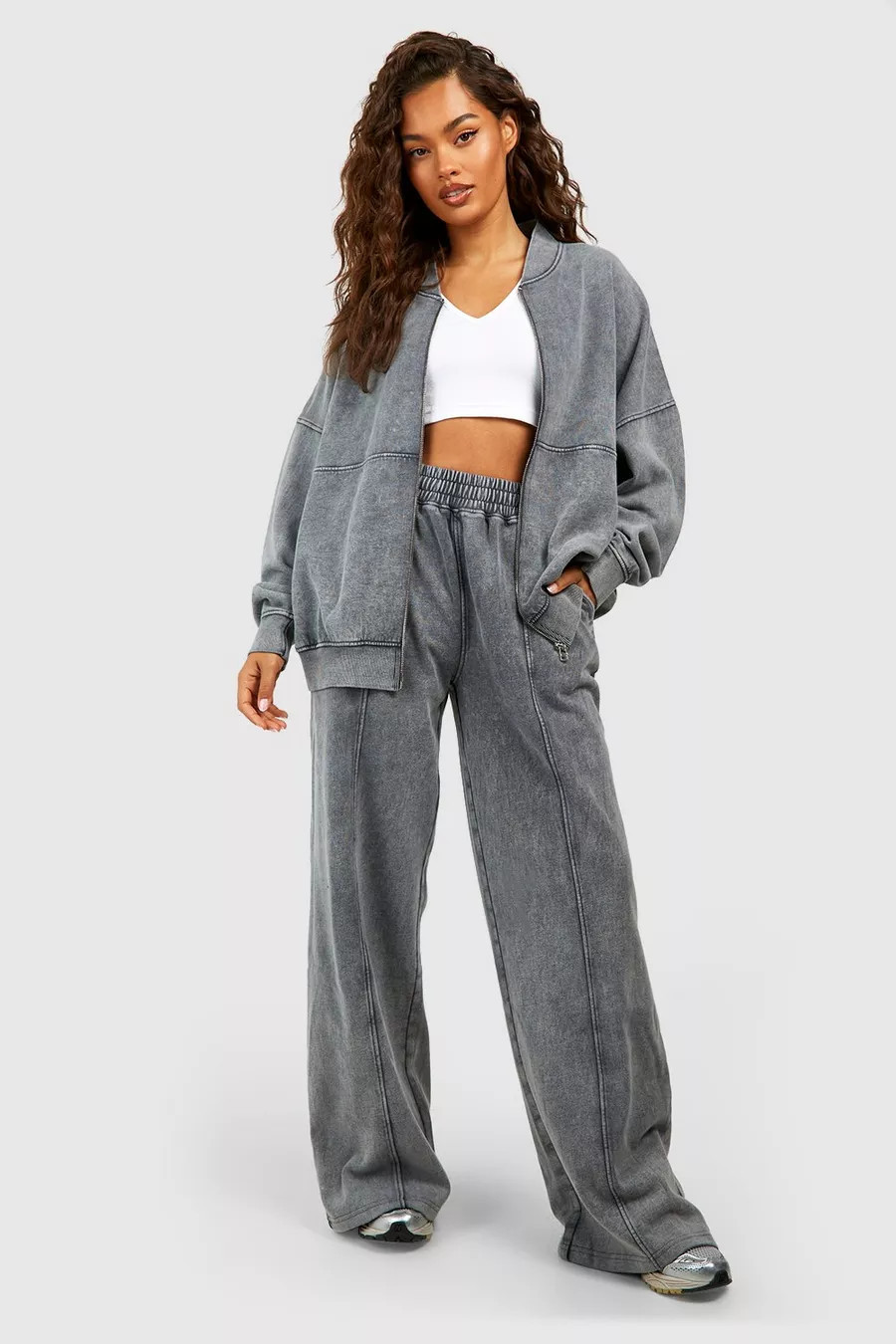 Washed Zip Through Bomber Straight Leg Tracksuit | boohoo (US & Canada)