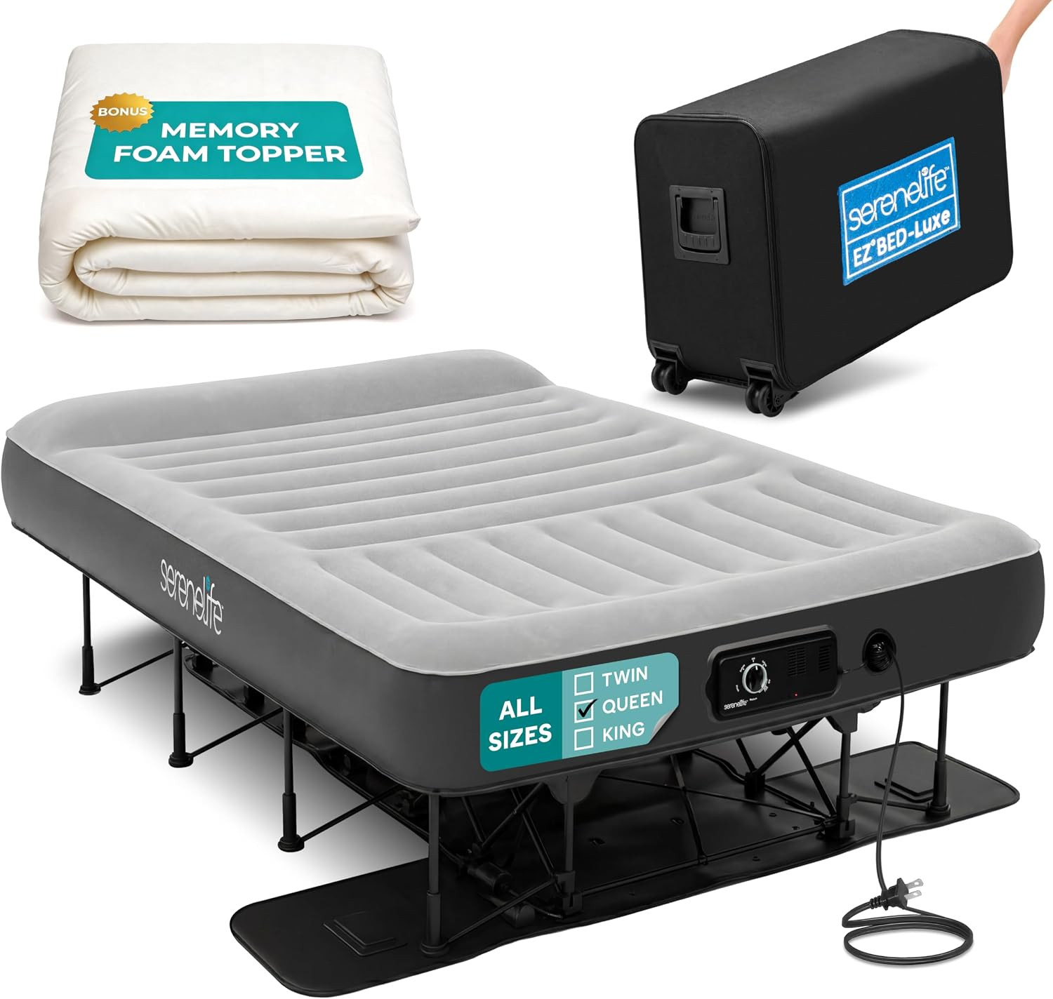 SereneLife (Queen) EZ Bed Luxe Air Mattress with Frame and Rolling Case - Luxury Series with Bonus Memory Foam Cover, Constant Comfort Pressure Maintaining Pump, Built-in Headrest, Wall Plug AC | Amazon (US)