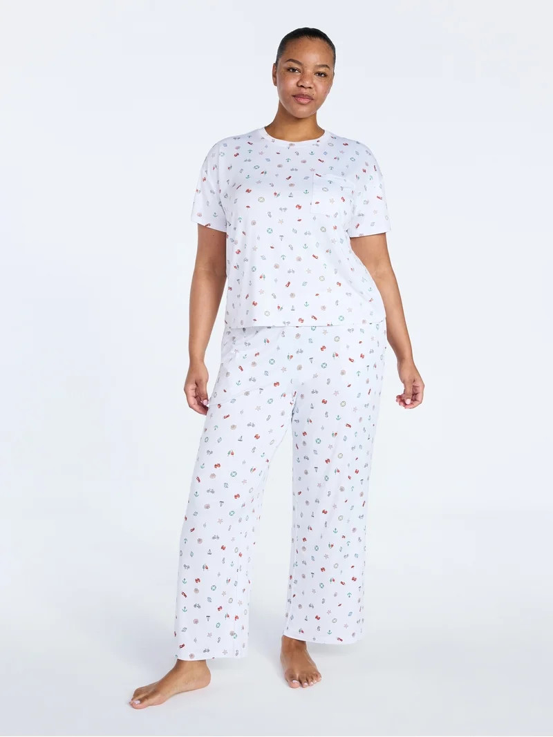 Joyspun Women's Dreamy Soft Collection Short Sleeve Sleep Top and Open Leg Pants Pajama Set, 2-Pi... | Walmart (US)