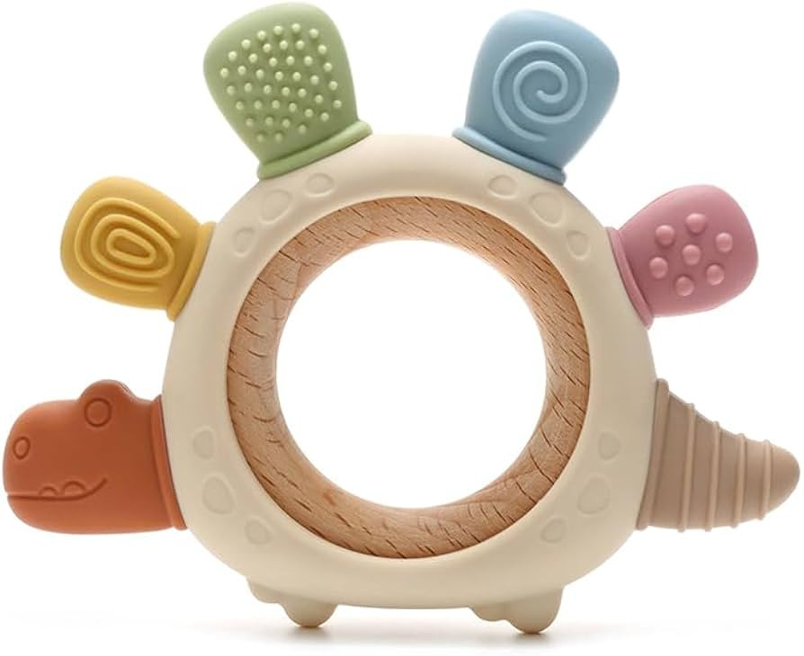 Dinosaur Baby Teether Toy – BPA-Free Silicone & Natural Beechwood Ring for Infant Teething Reli... | Amazon (US)
