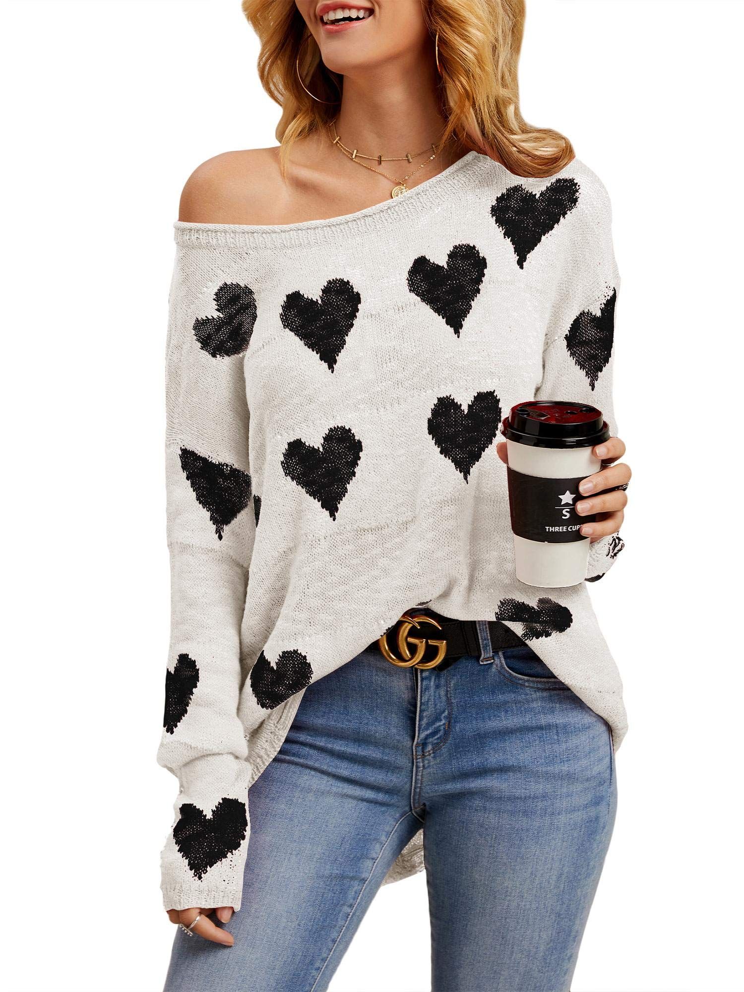 Tutorutor Womens Cute Love Heart Print Sweaters Oversized Off The Shoulder Loose Knitted Valentin... | Amazon (US)