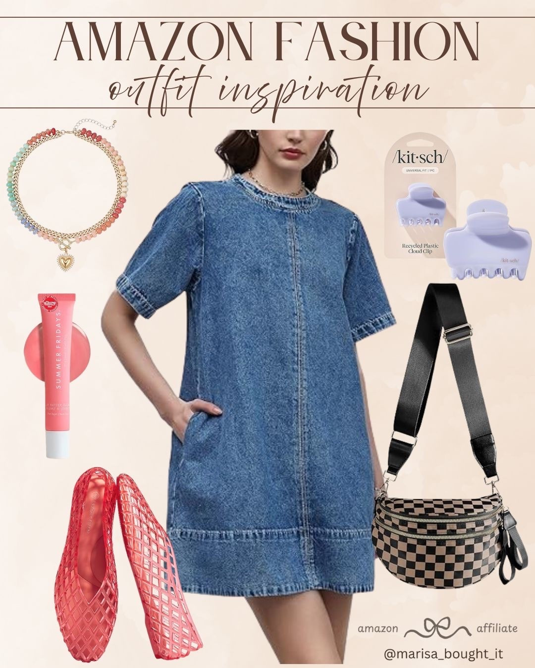 I am loving this effortless, casual look featuring a classic short-sleeve denim shift mini dress. It has a relaxed fit and functional pockets, making it the perfect go-to piece for comfortable yet stylish weekend wear. ✨

I finished this look with eye-catching pink woven flats, a checkered crossbody belt bag, a colorful beaded heart necklace, a lavender claw clip, and a pop of glossy pink lip butter.

#liketk #ltkstyletip #ltkunder50 #ltksummer #amazonfashion #amazonootd #denimdress #streetstyle #casualchic #everydayoutfit #summerfashion #styleinspo

#LTKootd #LTKSeasonal