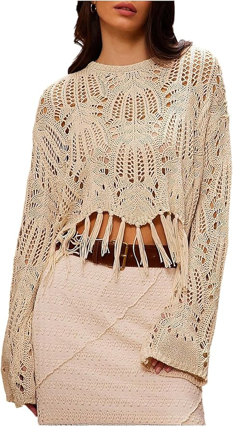 Women's Fringe Boho Tops Crochet Lightweight Sweaters Tassel Crop Sweater Oversized Knit Hollow O... | Amazon (US)