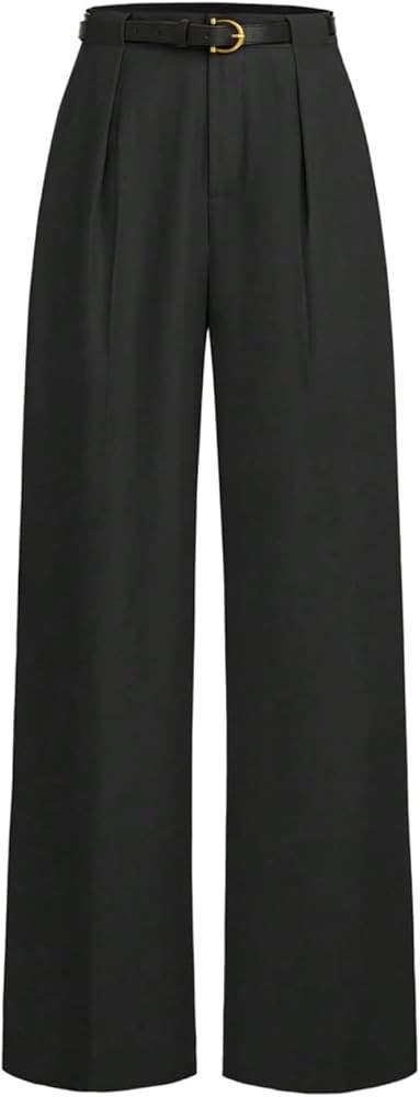 Floerns Women's Elegant Dressy Pants Mid Waist Pleated Straight Leg Office Work Trousers with Bel... | Amazon (US)