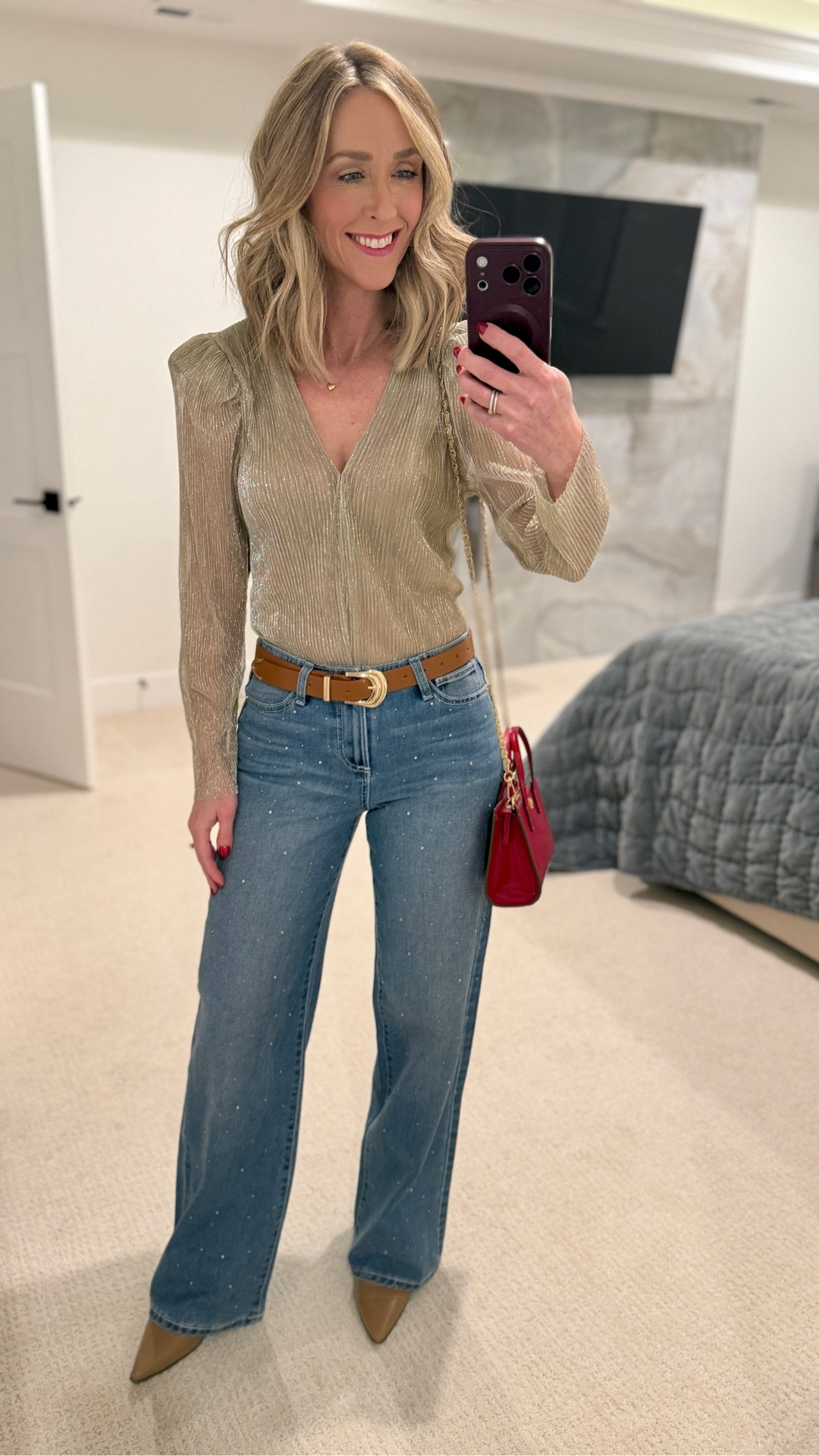 Holiday outfit! Gold shimmer bodysuit and rhinestone wide leg denim! 

#LTKFindsUnder100 #LTKootd #LTKHoliday