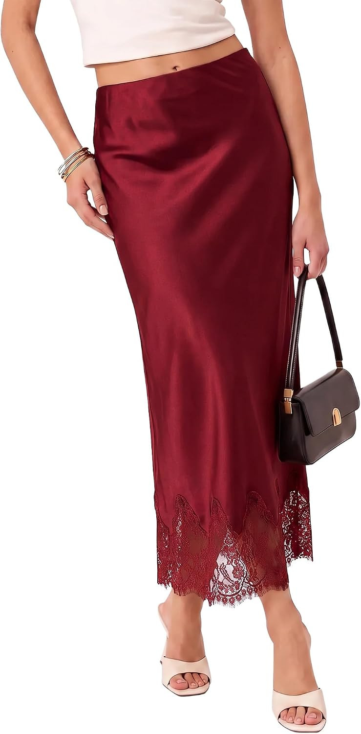 luvamia Satin Maxi Skirt Elastic Waist Lace Trim Long Slip Skirts for Women | Amazon (US)